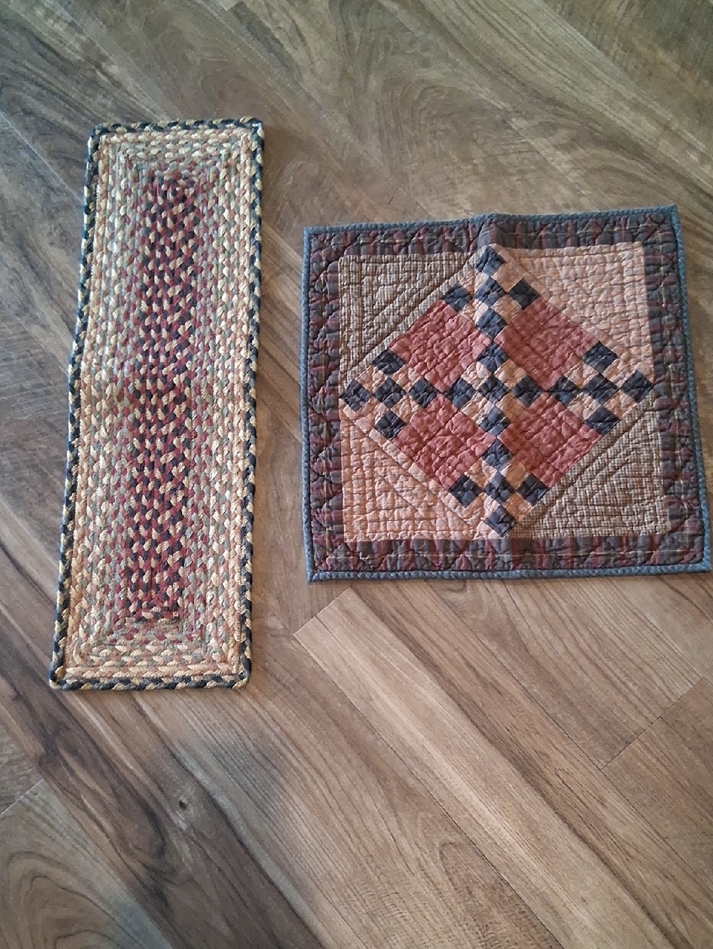 Antique Inspired jute rag table runner 27" X 8.5" & a checkerboard quilt block